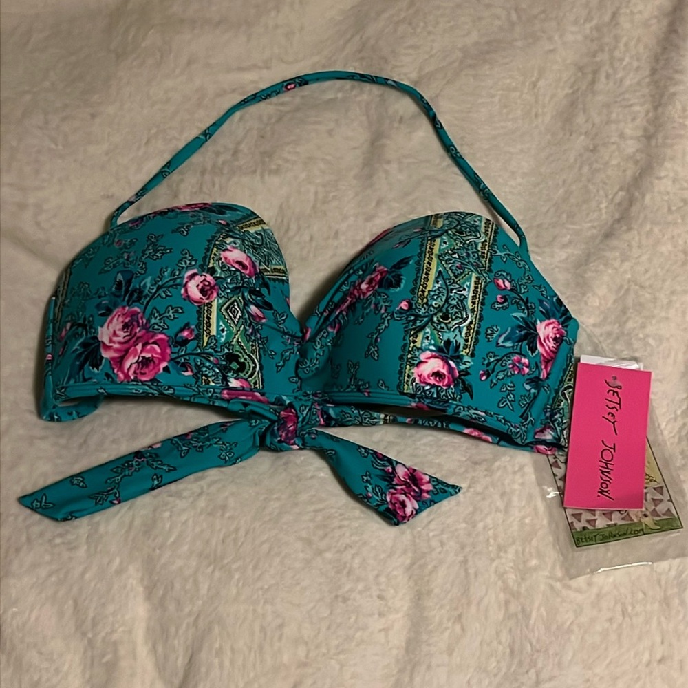 NWT Betsey Johnson Rose Teal Pink Bikini Top Size Large